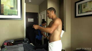 ���ൂം സേവനം! Big booty Latina gets fucked doggy style by guest and husband on his chest.